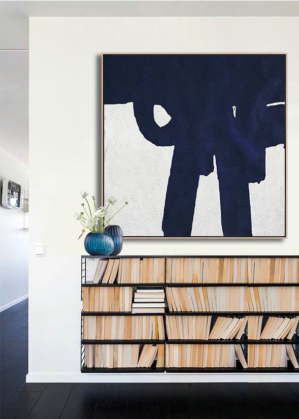 Original Abstract Painting Extra Large Canvas Art,Hand Painted Navy Minimalist Painting On Canvas,Large Wall Canvas